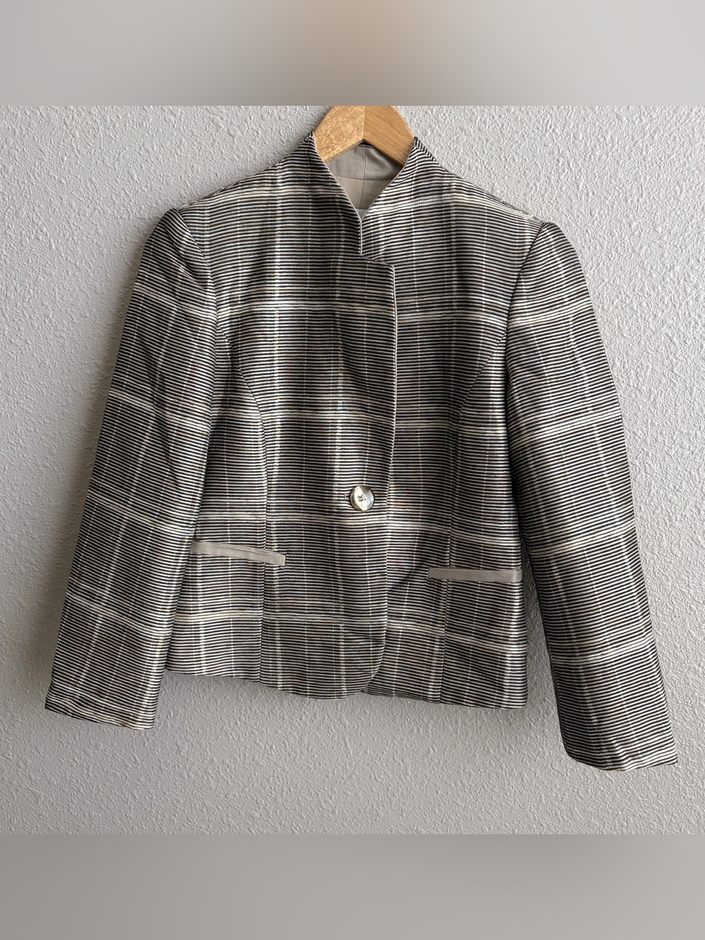 Armani Collezioni Made in Italy Textured Striped Mandarin Collar Blazer Jacket 4